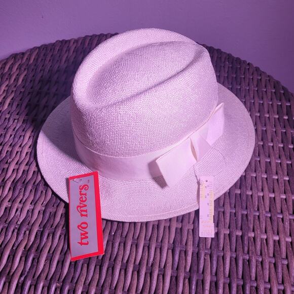 VINTAGE NWT Deadstock Two Rivers Mens Ivory Steton Hat Brimmed in Hat Box Woven